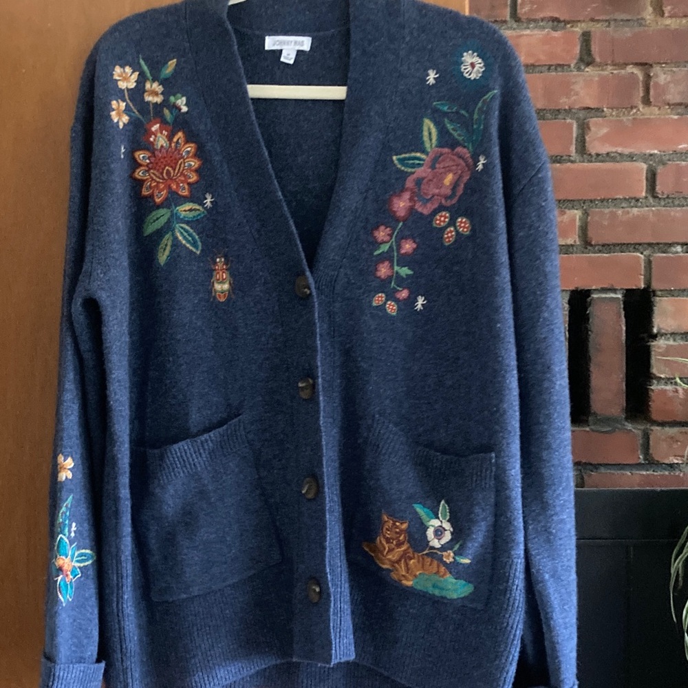 Johnny Was “Griffin Cardigan” Navy Embroidered Sweater